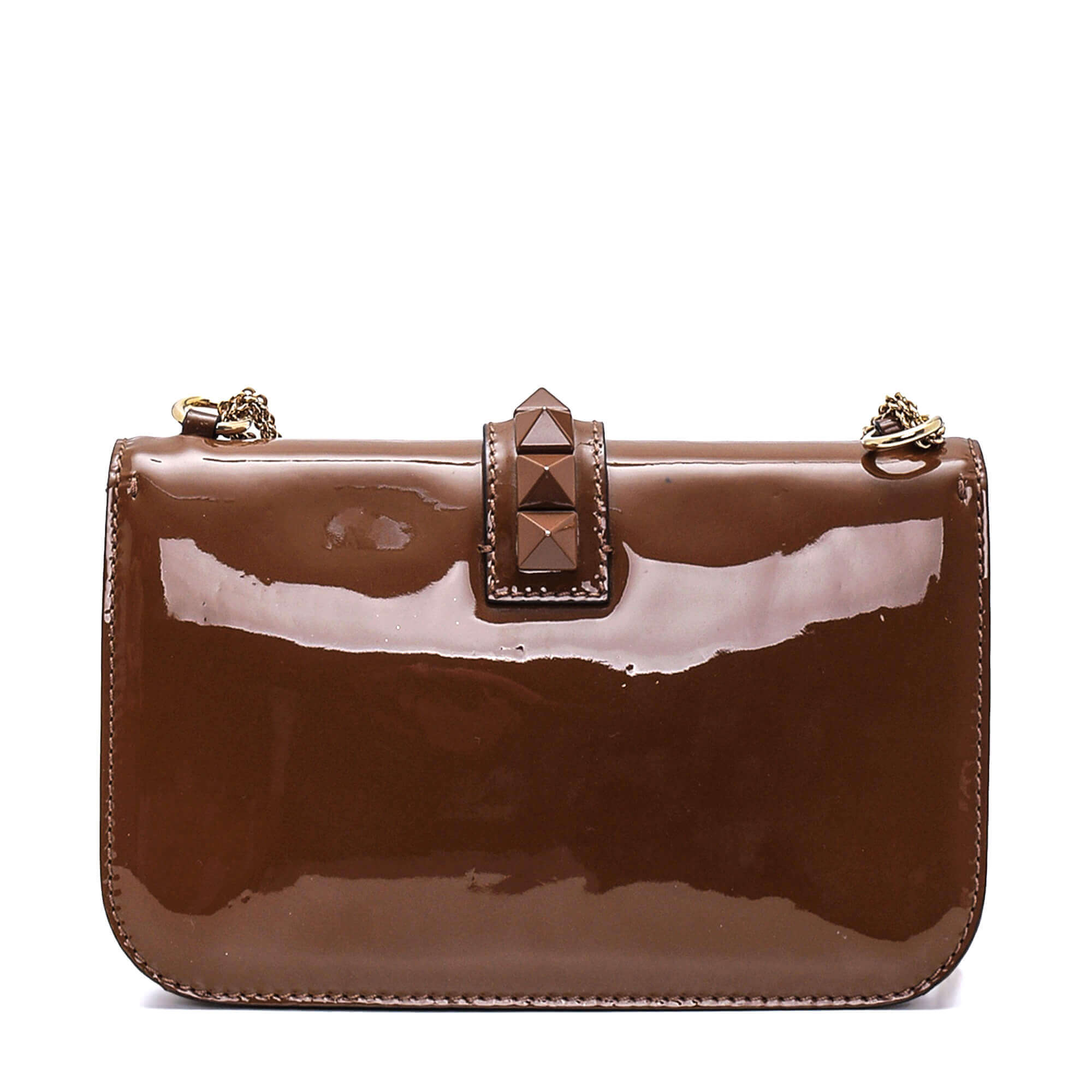 Valentino - Brown Leather Rockstud Glam Lock Flap Bag